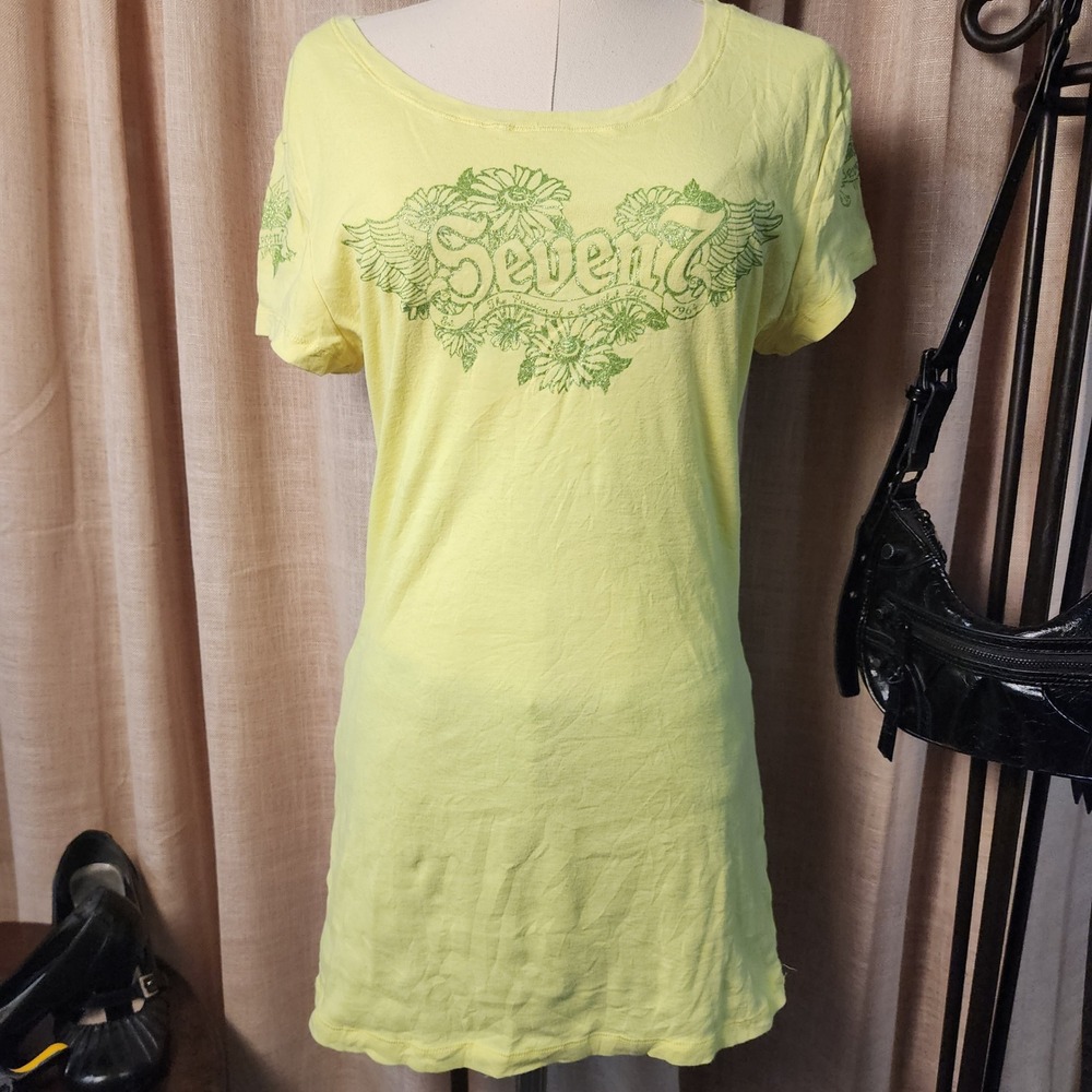Seven7 Women Size M Yellow Graphic T-Shirt Glitter Floral Wings Cotton Blend Tee